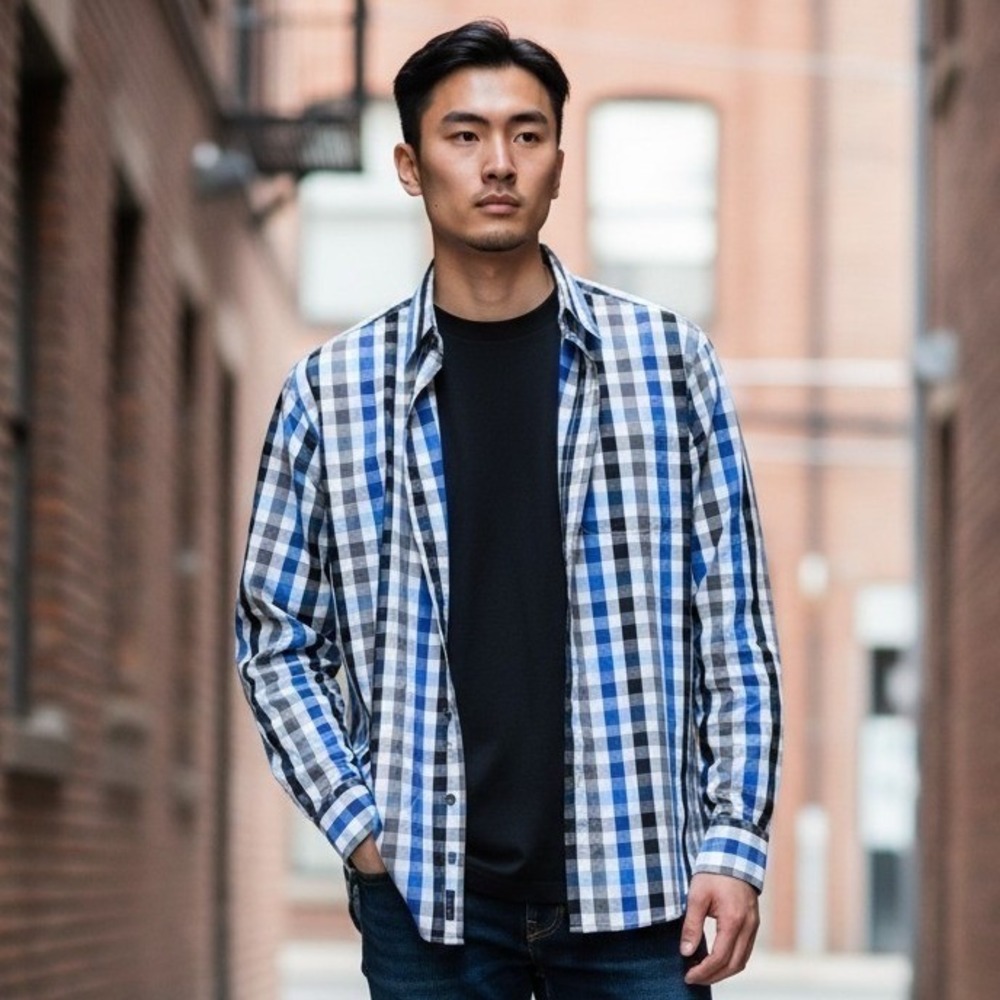 Apt 9 Mens Stretch Slim Fit Gingham Button Down Shirt Blue Black White 15 32/33